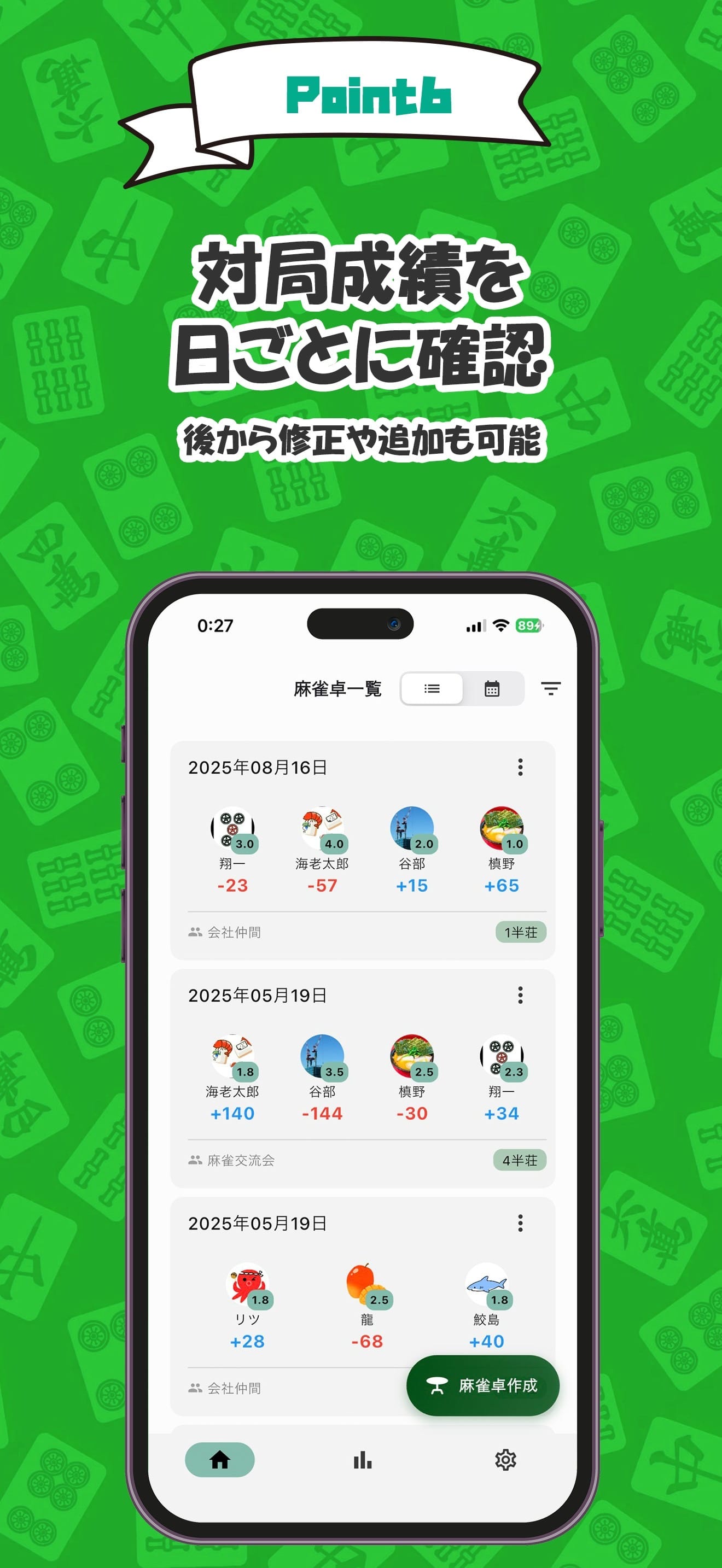 対局成績を日ごとに確認の画面イメージ